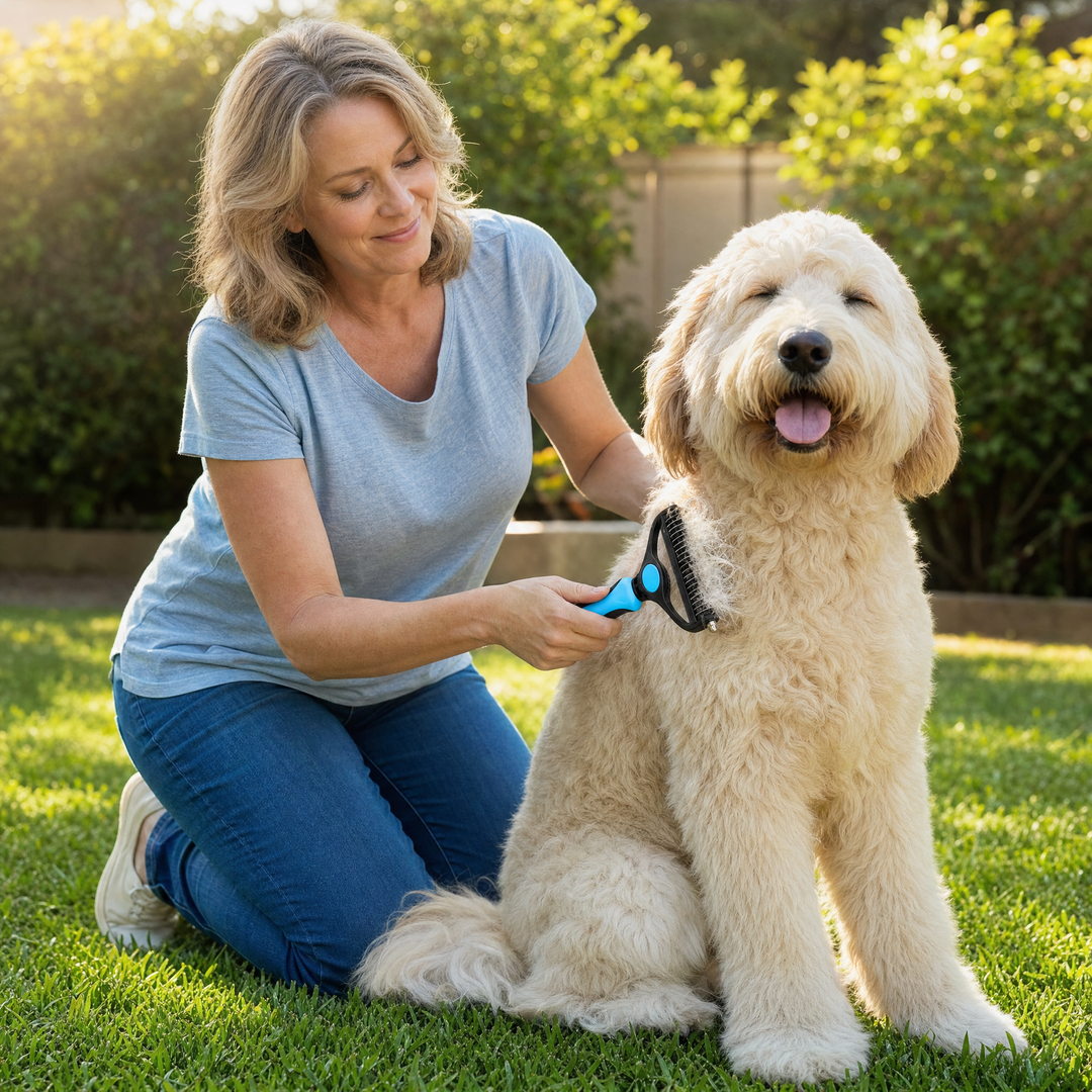 Undercoat rake for dogs demonstrating dual-sided blades for tangled hair removal.
