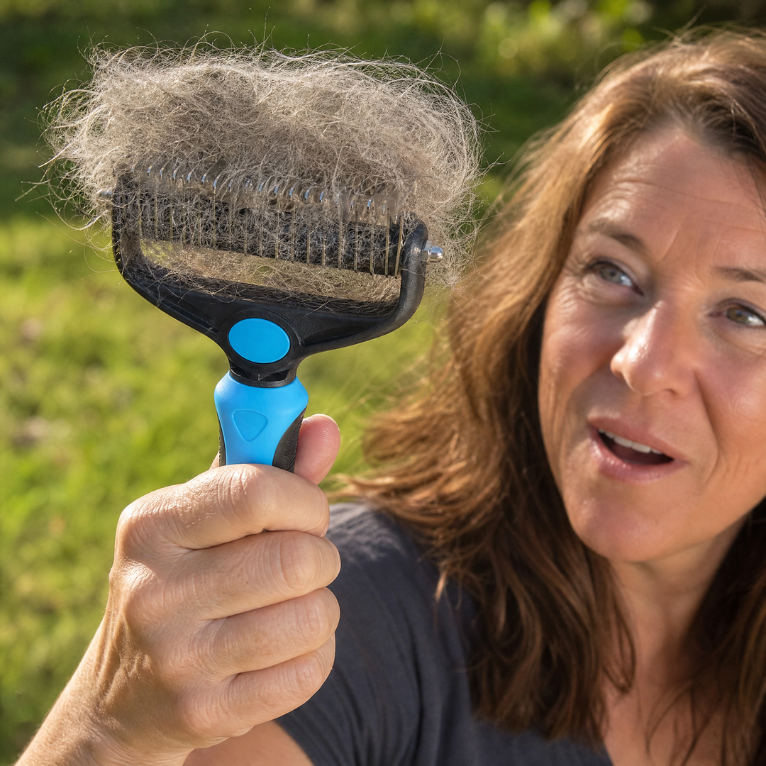 Dematting tool for dogs resting on a clean surface, displaying stainless steel teeth.