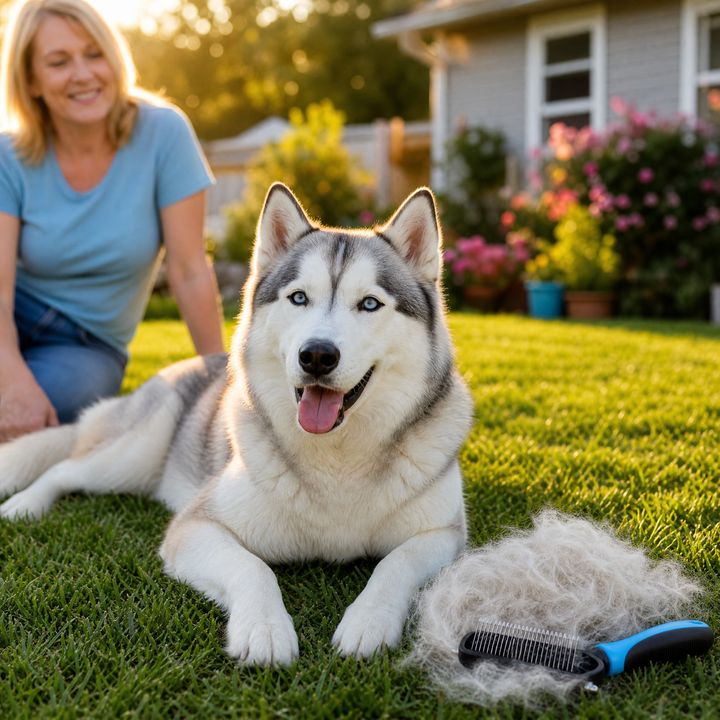 Dog hair remover tool in hand, showing effective dematting and deshedding action.