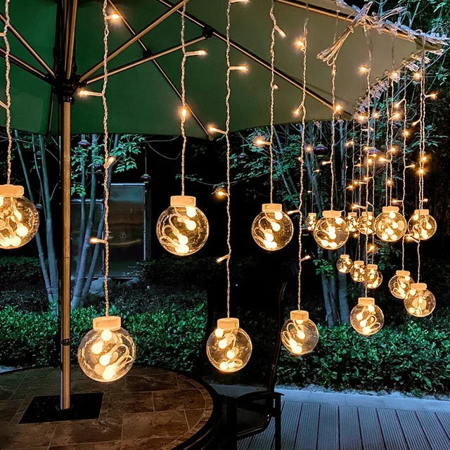 Close up of warm white waterproof LED string light glowing outdoors