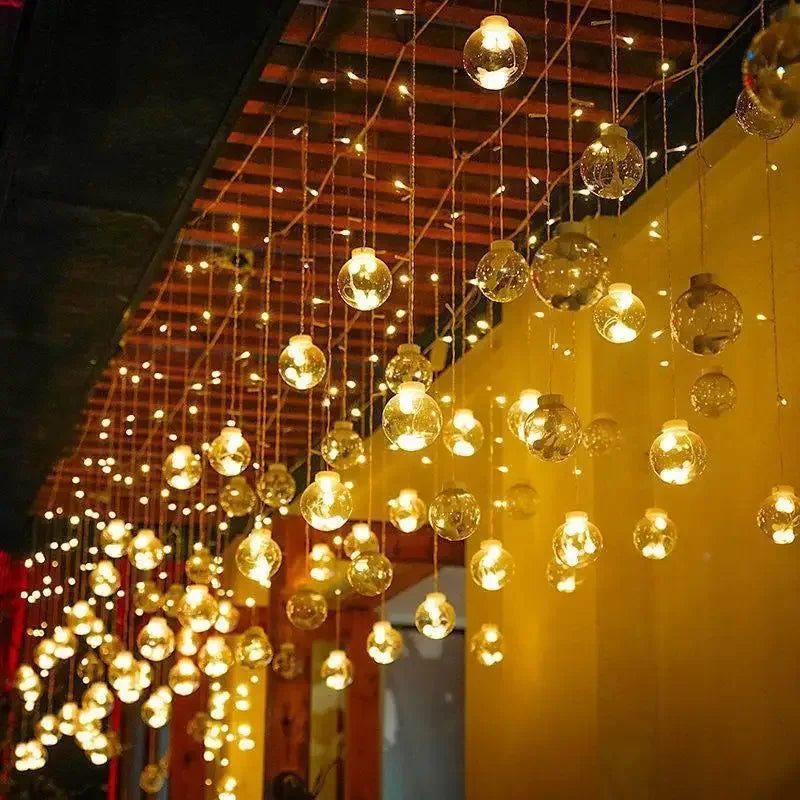 Close up of glowing globe bulbs on a patio lighting string