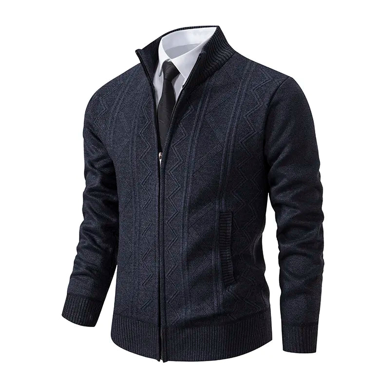 Back view of casual men's full-zip sweater in knit fabric