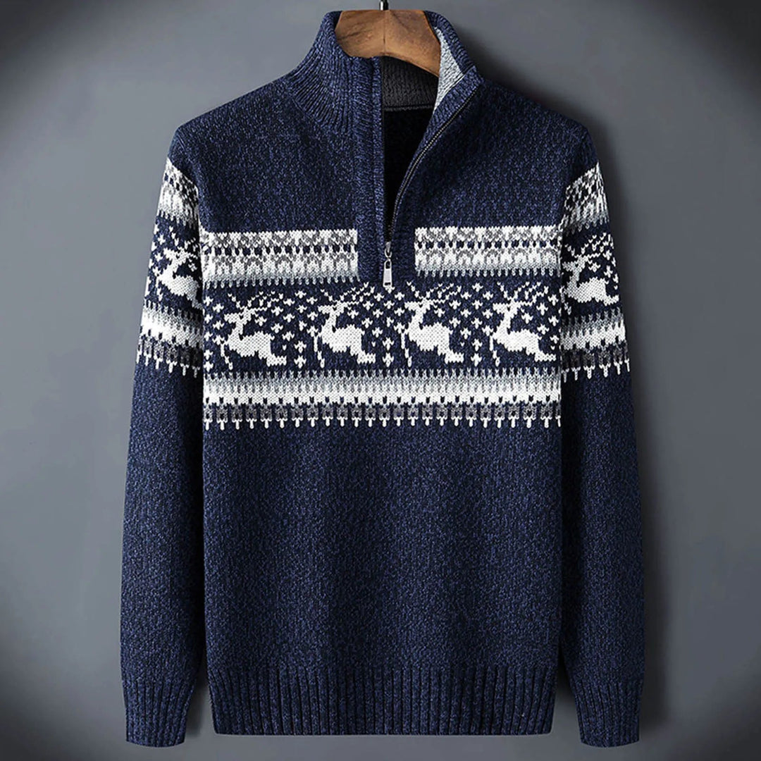 Blue men's quarter zip patterned sweater with deer motifs