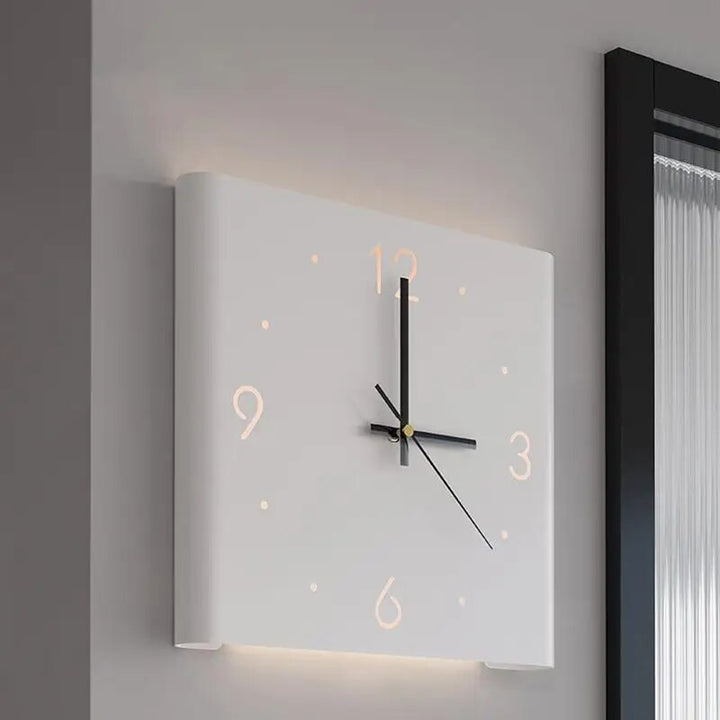 Close-up of the clean dial face and silent hands on the double-sided clock