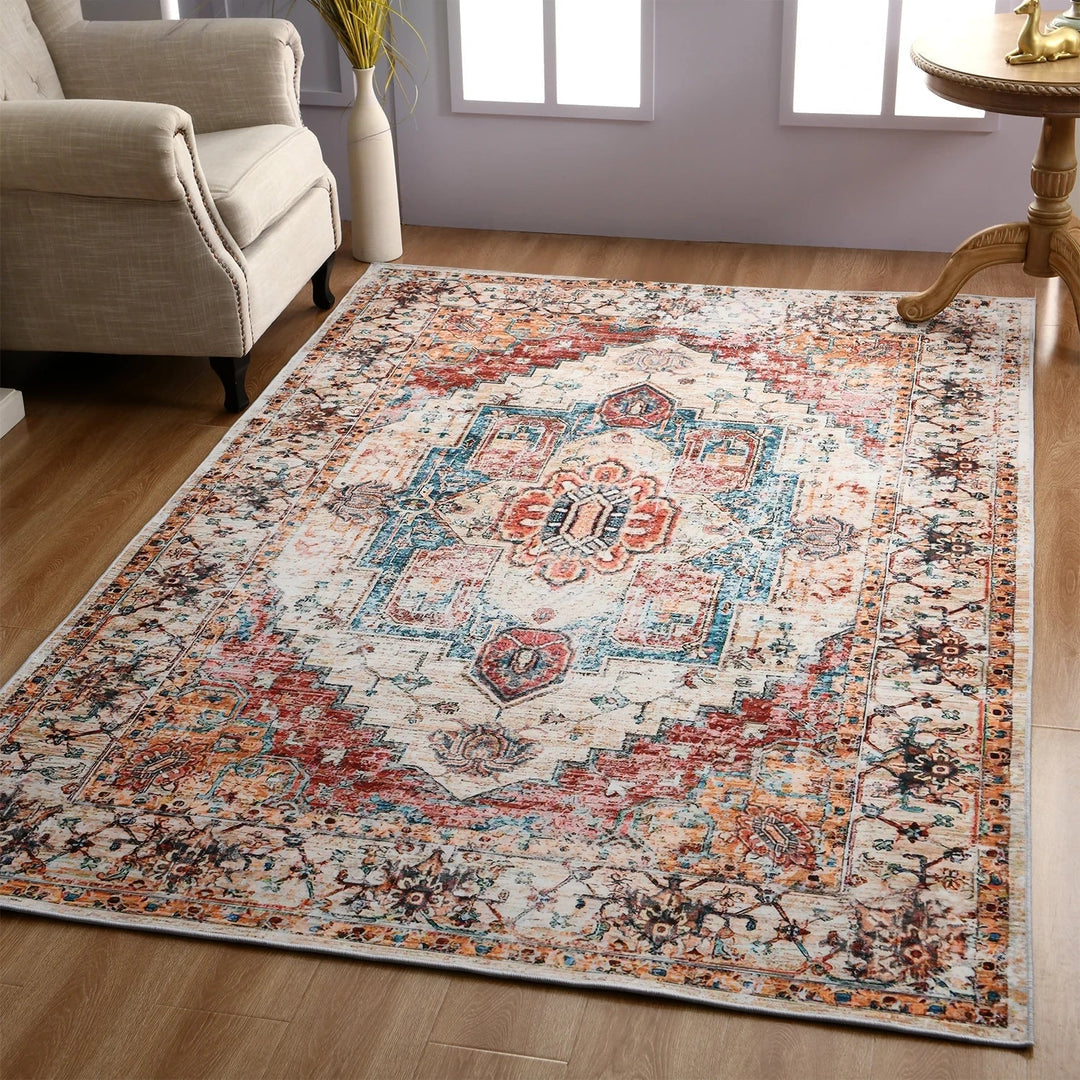 Persian vintage area rug in a bright room setting