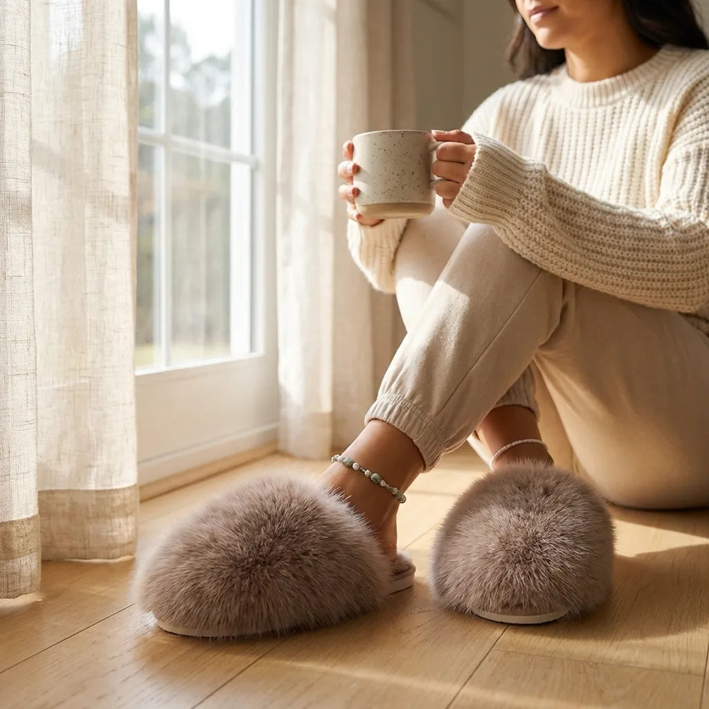 Womens fluffy house slippers in soft plush for cloud-like indoor comfort