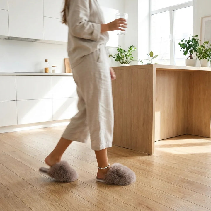 Plush fuzzy indoor shoes showcasing fluffy texture and comfort fit