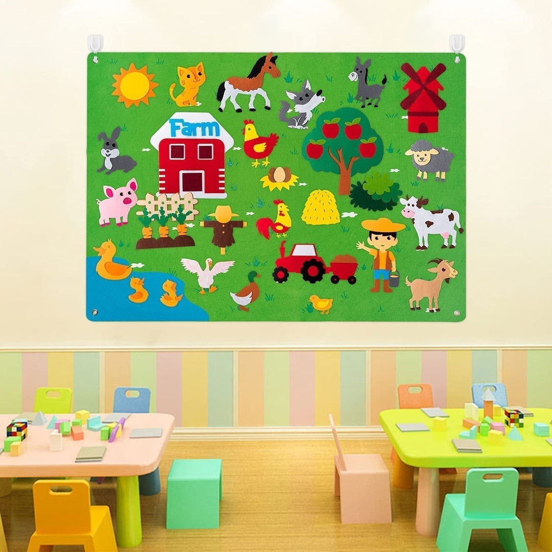 Foldable felt activity board for kids with storage pockets and play pieces