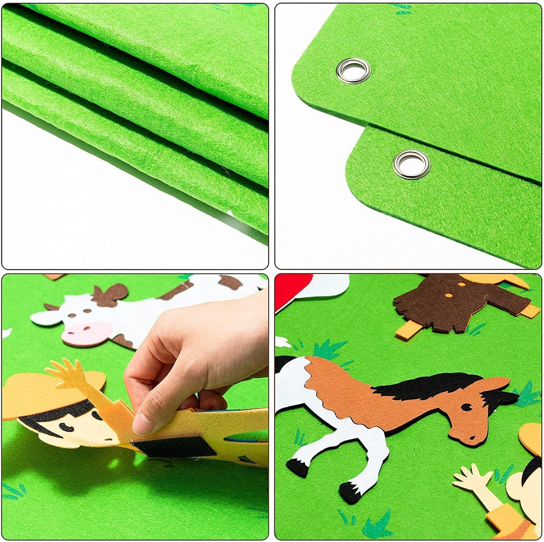 Screen-free interactive felt story board laid flat with various dinosaur and farm pieces