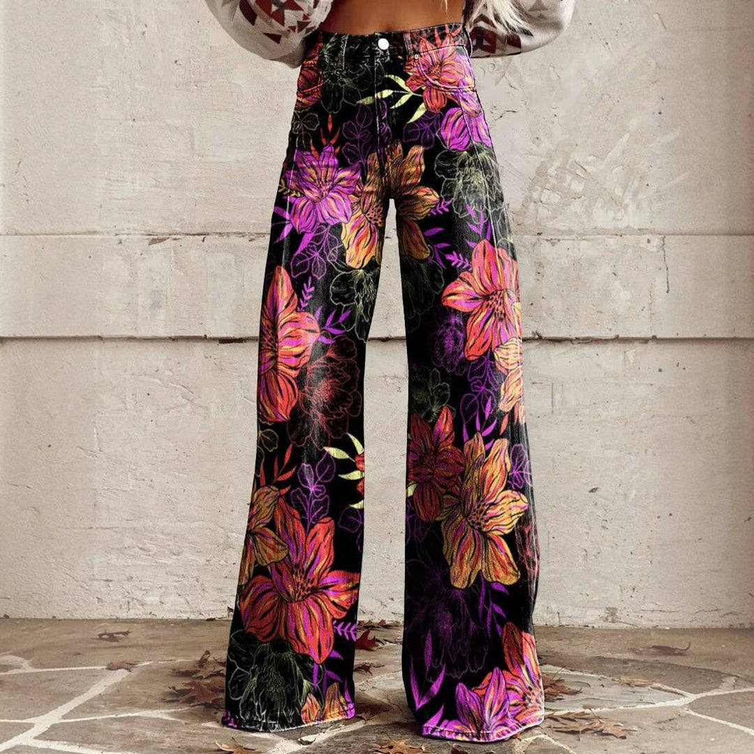 Side profile of stretch wide leg trousers with colorful floral pattern