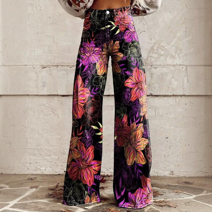Side profile of stretch wide leg trousers with colorful floral pattern