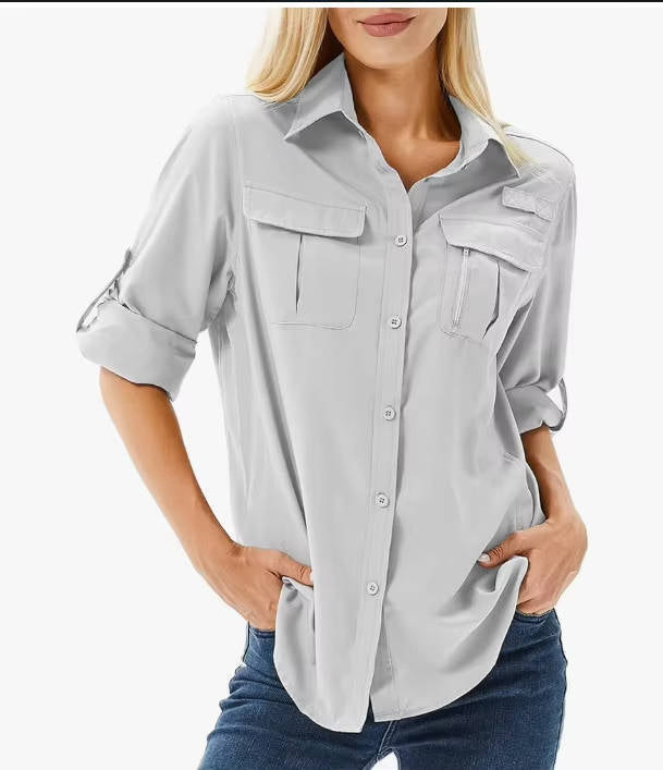Women's pink UPF 50 long sleeve hiking shirt for sun protection
