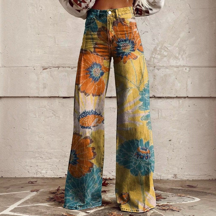 Detailed stitching and fabric texture of the high waisted trousers