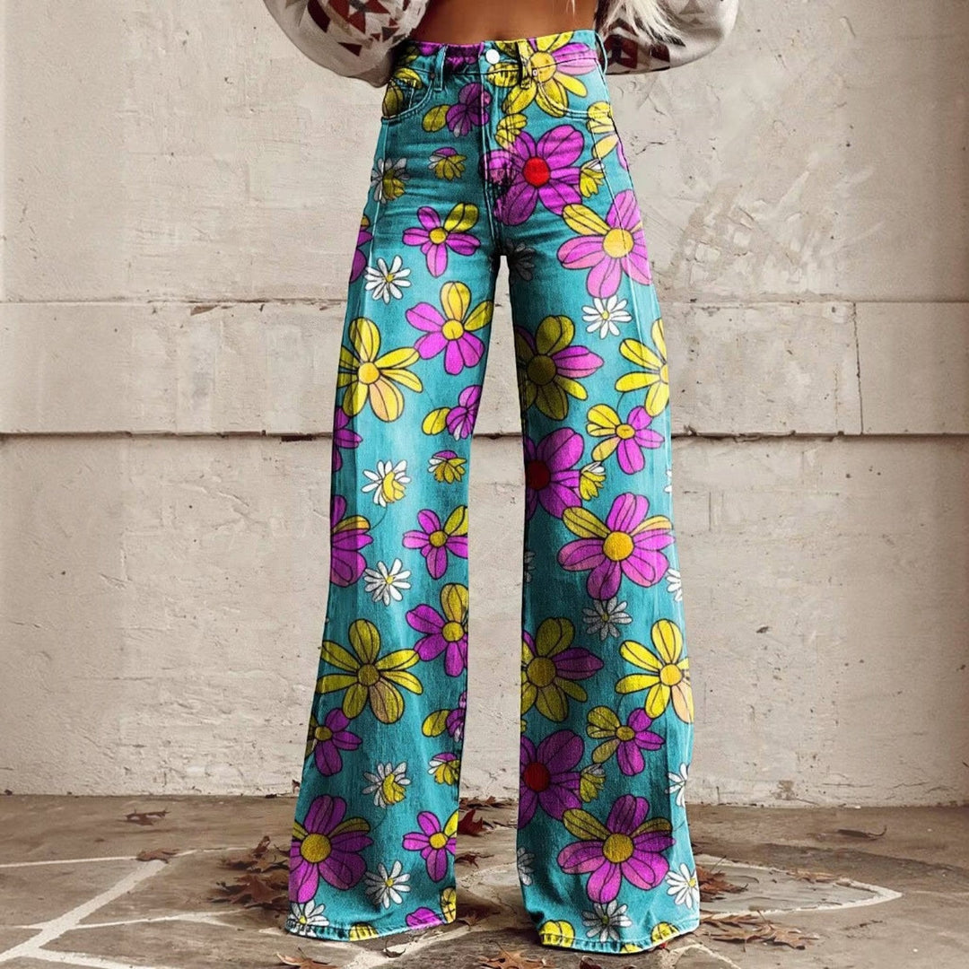 Model wearing retro fashion high waisted wide leg floral pants outdoors