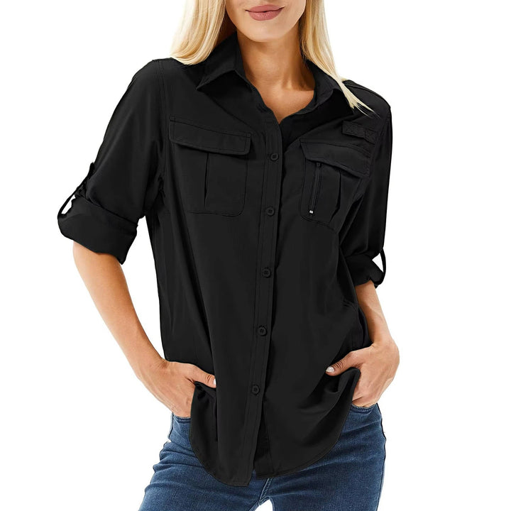 Blue trail apparel long sleeve hiking shirt with UPF 50 protection