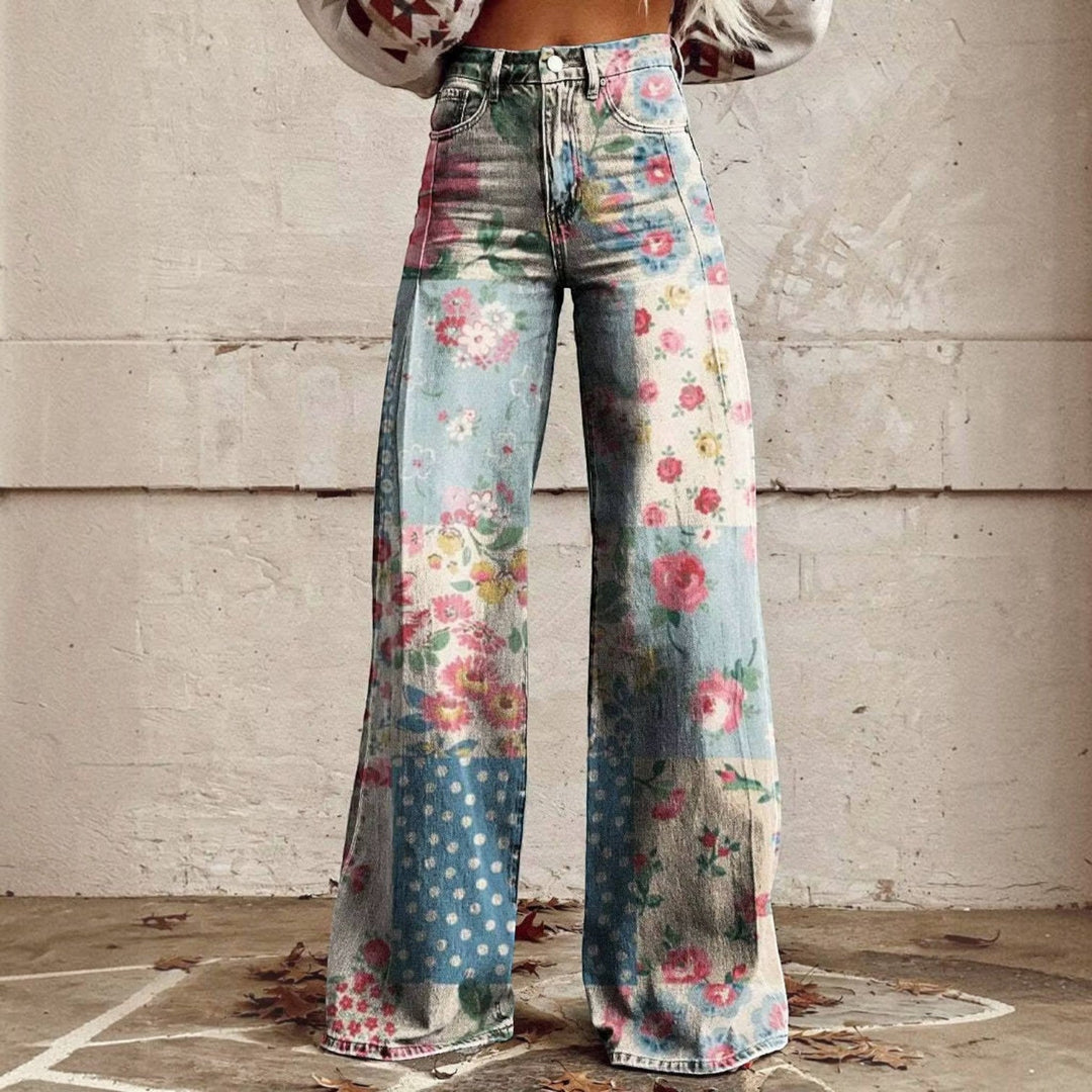 Close-up of the flared hemline on the floral print bell bottom pants