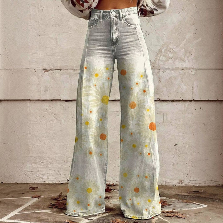 Close-up shot of the soft stretch fabric and vibrant floral design