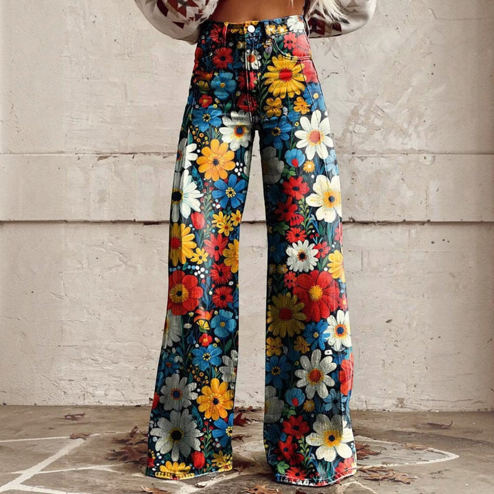 Women's high waisted floral bell bottom pants in retro style front view