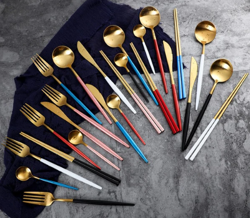 Modern stainless steel flatware tableware set in gold finish