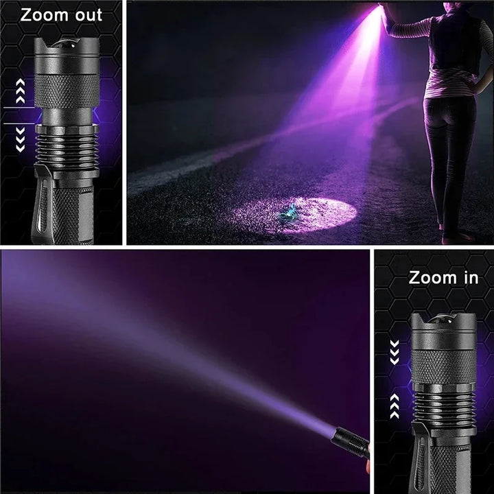 Ultraviolet stain detector light highlighting bathroom grime for cleaning