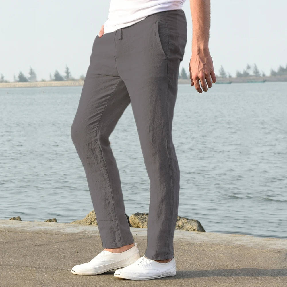 Side profile of relaxed fit mens drawstring pants