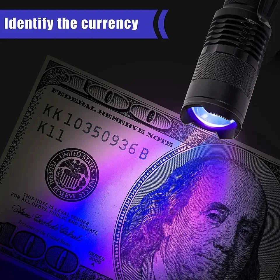 UV flashlight illuminating security features on a hundred dollar bill