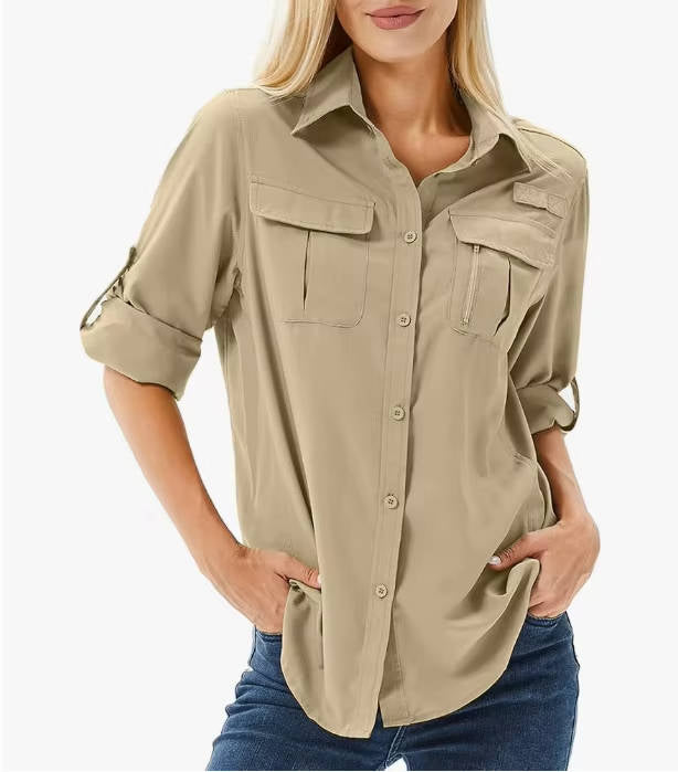 White womens sun protection shirt with long sleeves for hiking