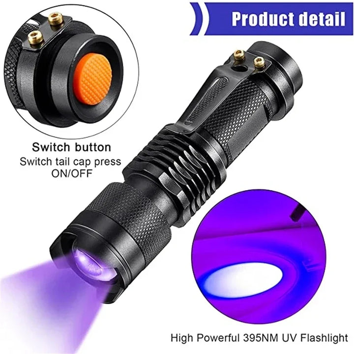 Close up of the SK68 small flashlight tail switch and UV LED beam