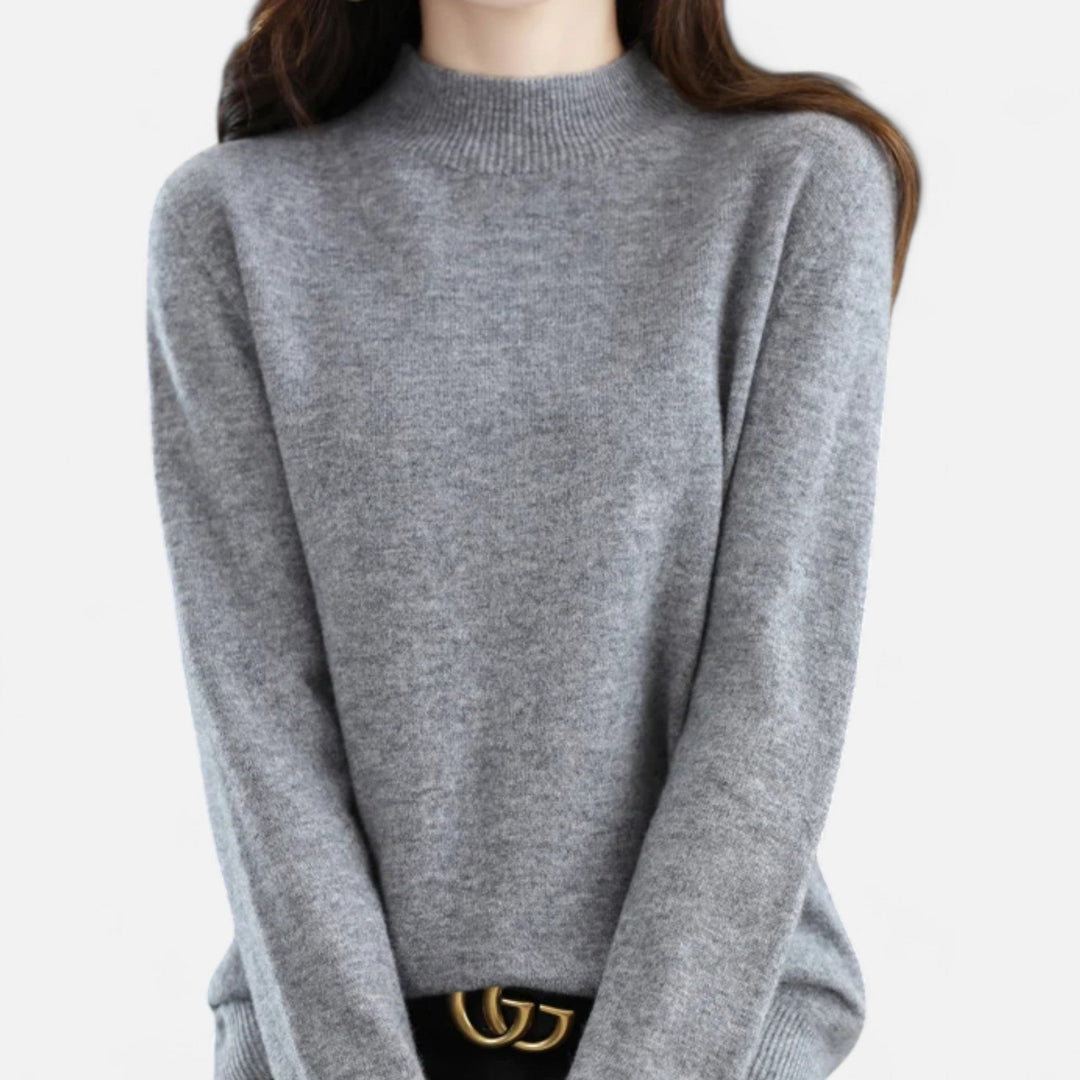 Close up of ribbed mock neck collar on a minimalist women's knit sweater