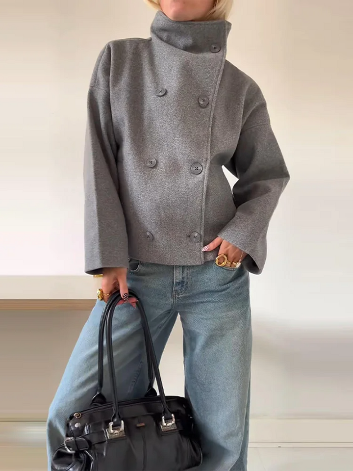 Full outfit view of womens winter jacket in classic style