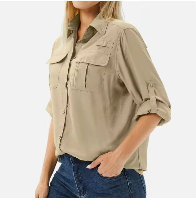 Yellow UPF 50 long sleeve hiking shirt and outdoor apparel