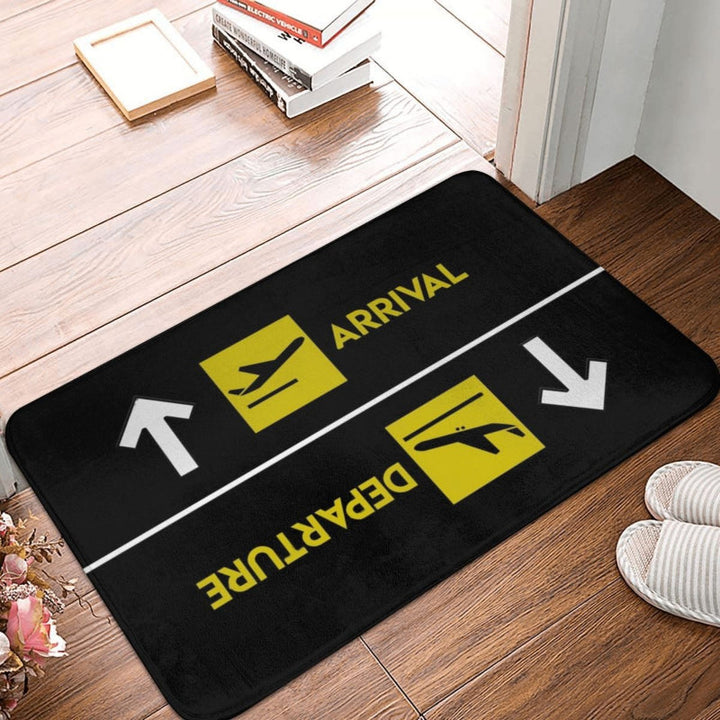 Close-up of the ChicWelcome Luxe Entrance Doormat featuring airport terminal arrival graphic