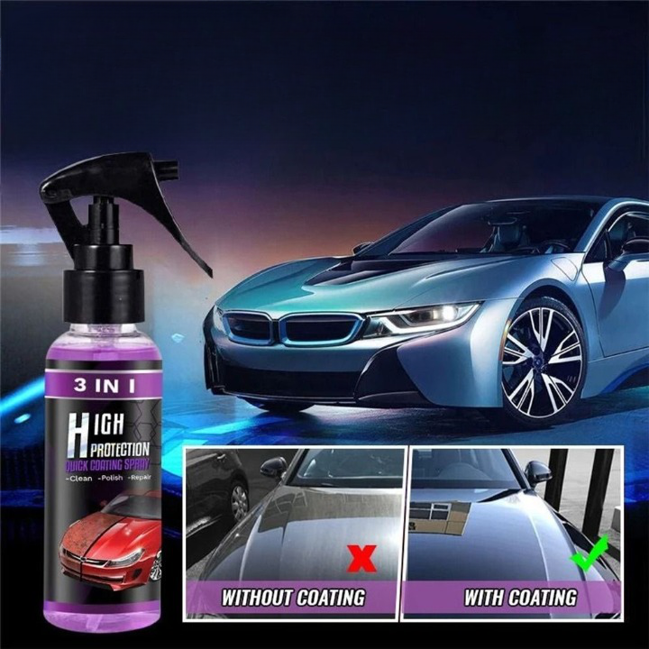 High protection car coating spray bottle next to a polished blue car