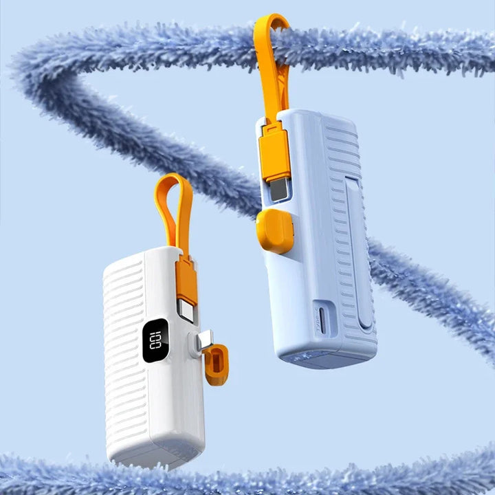 Compact power bank hanging with built-in cable and digital display