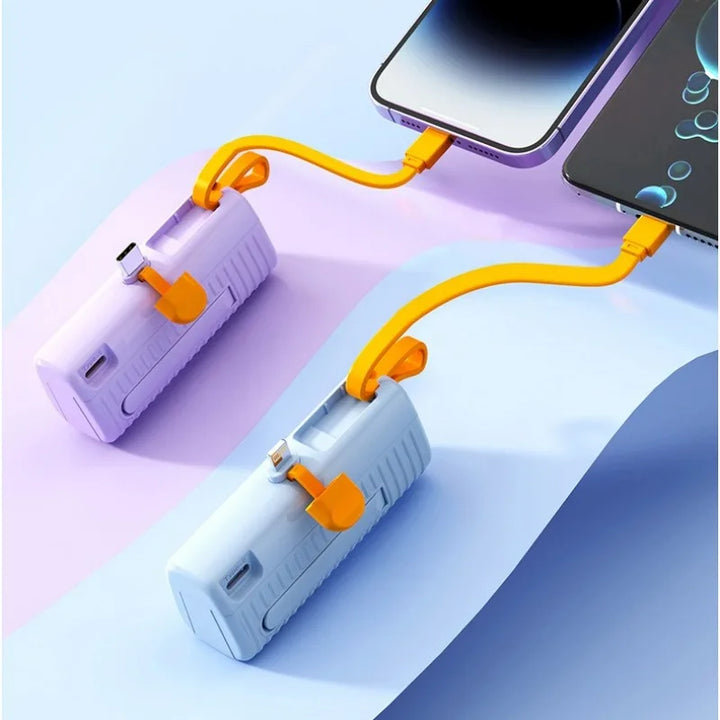 Portable power banks in purple and blue charging phones wirelessly