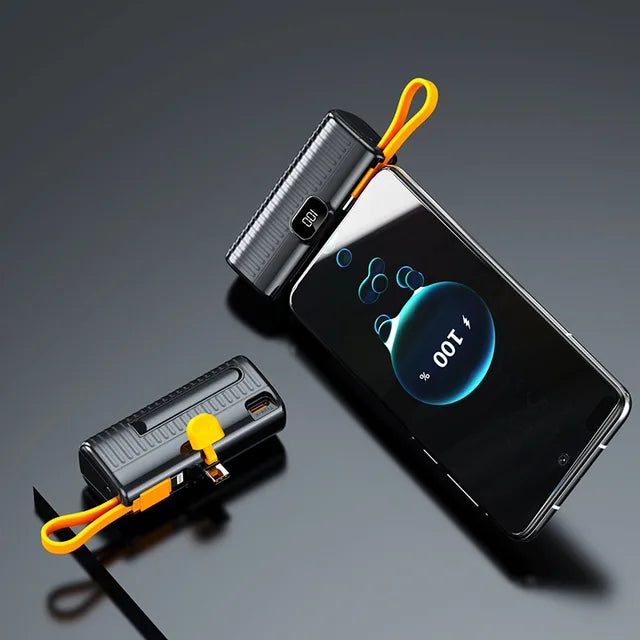 Lifestyle shot of the mini power bank charging a smartphone on the go