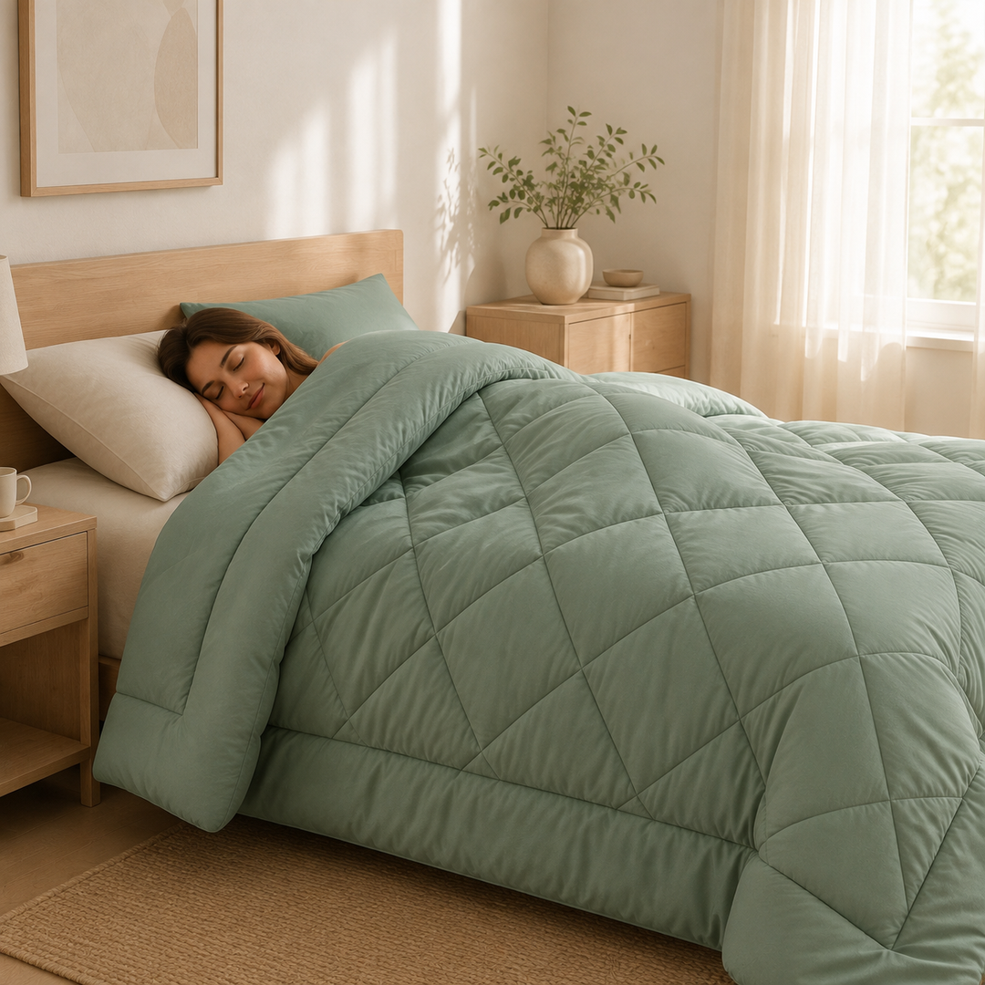 Woman sleeping peacefully under a sage green 2-in-1 duvet with matching pillowcases in a bright bedroom.