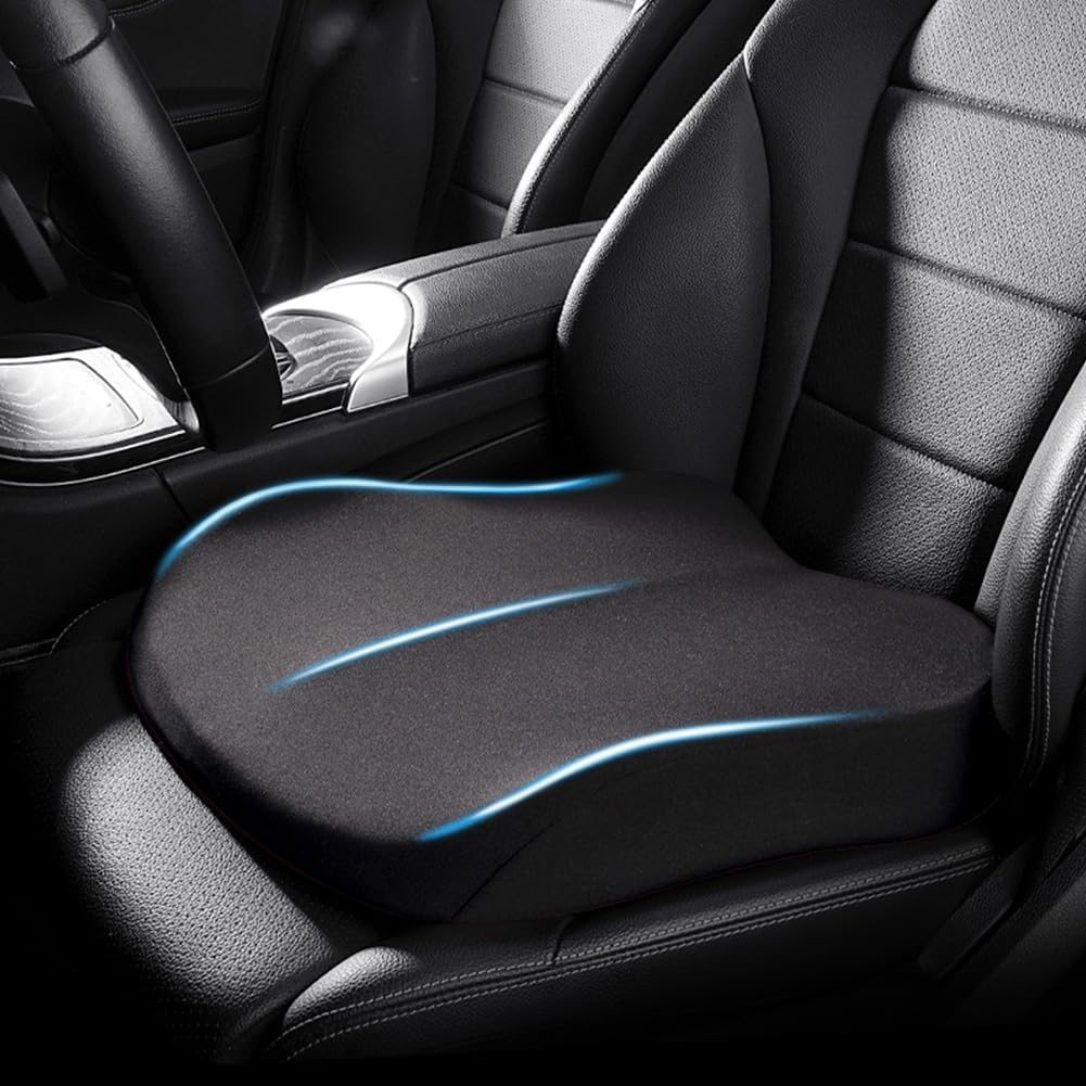 Black memory foam car booster cushion installed on a vehicle seat