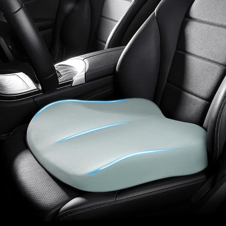 Side view of memory foam car booster seat cushion showing ergonomic contour for driving comfort