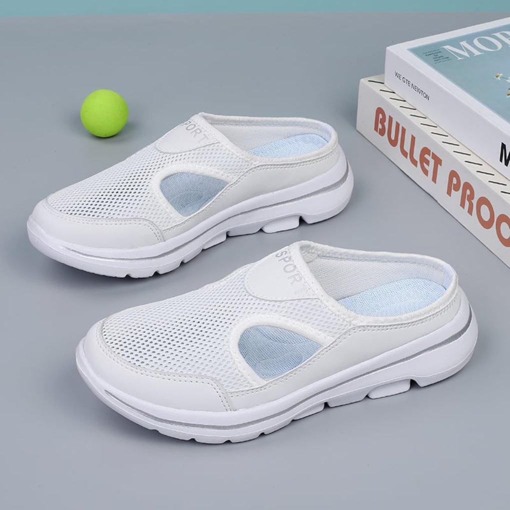 Side view of comfortable walking shoes featuring cushioned arch support and lightweight sole