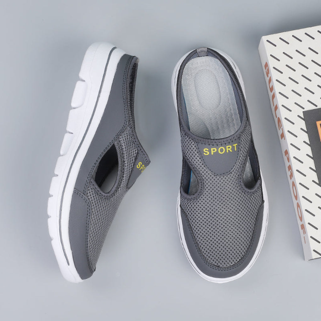 Close-up of casual comfort footwear showing durable traction outsole and flexible design
