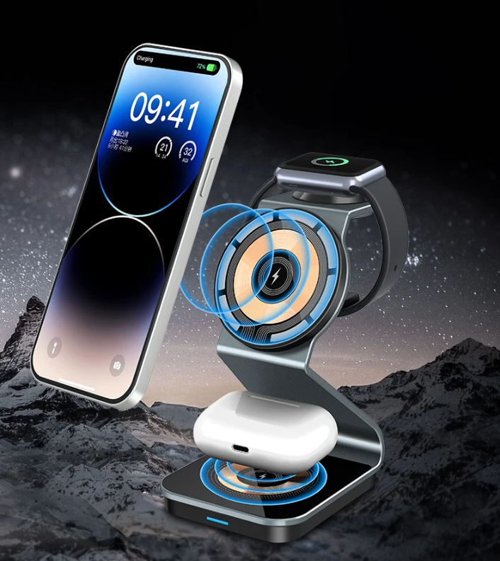3-in-1 magnetic wireless charging station holding a smartphone, watch, and earbuds