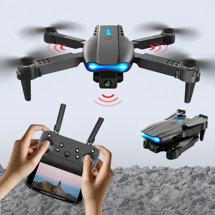 Black foldable dual 4K camera drone with remote controller and phone display