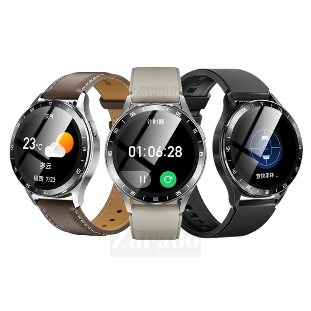 Three smartwatches in silver, brown, and black variants displaying fitness dials