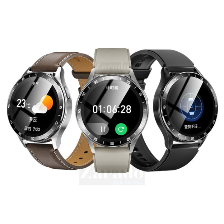 Three smartwatches in silver, brown, and black variants displaying fitness dials