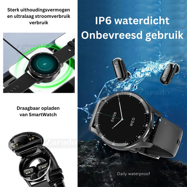 Smartwatch with integrated wireless earbuds charging inside the sleek case