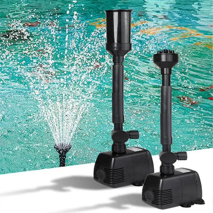 Durable fountain pump units with customizable nozzles placed near a pond