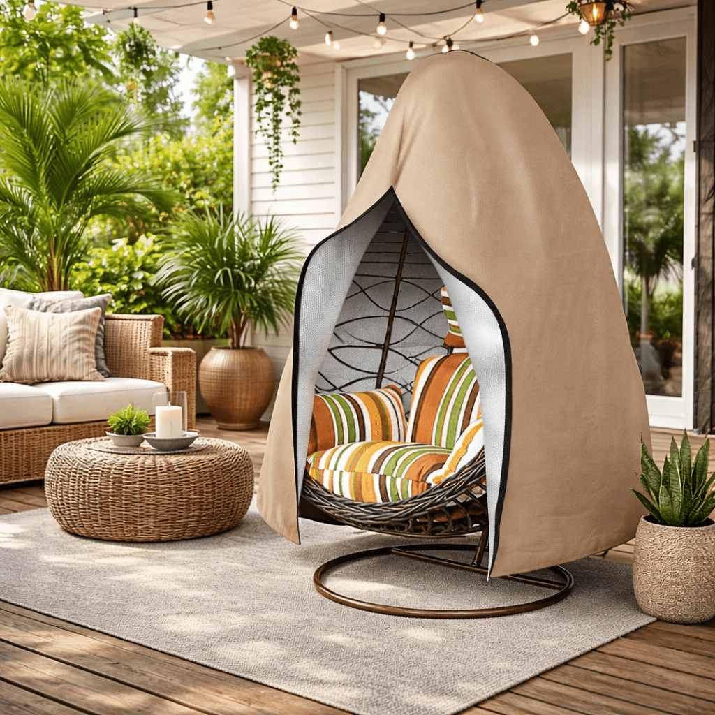 Waterproof beige egg chair cover displayed outdoors on a patio