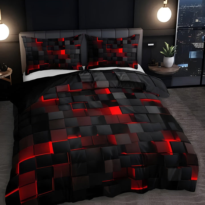 Modern bedroom with red glowing 3D grid duvet cover set and matching pillowcases