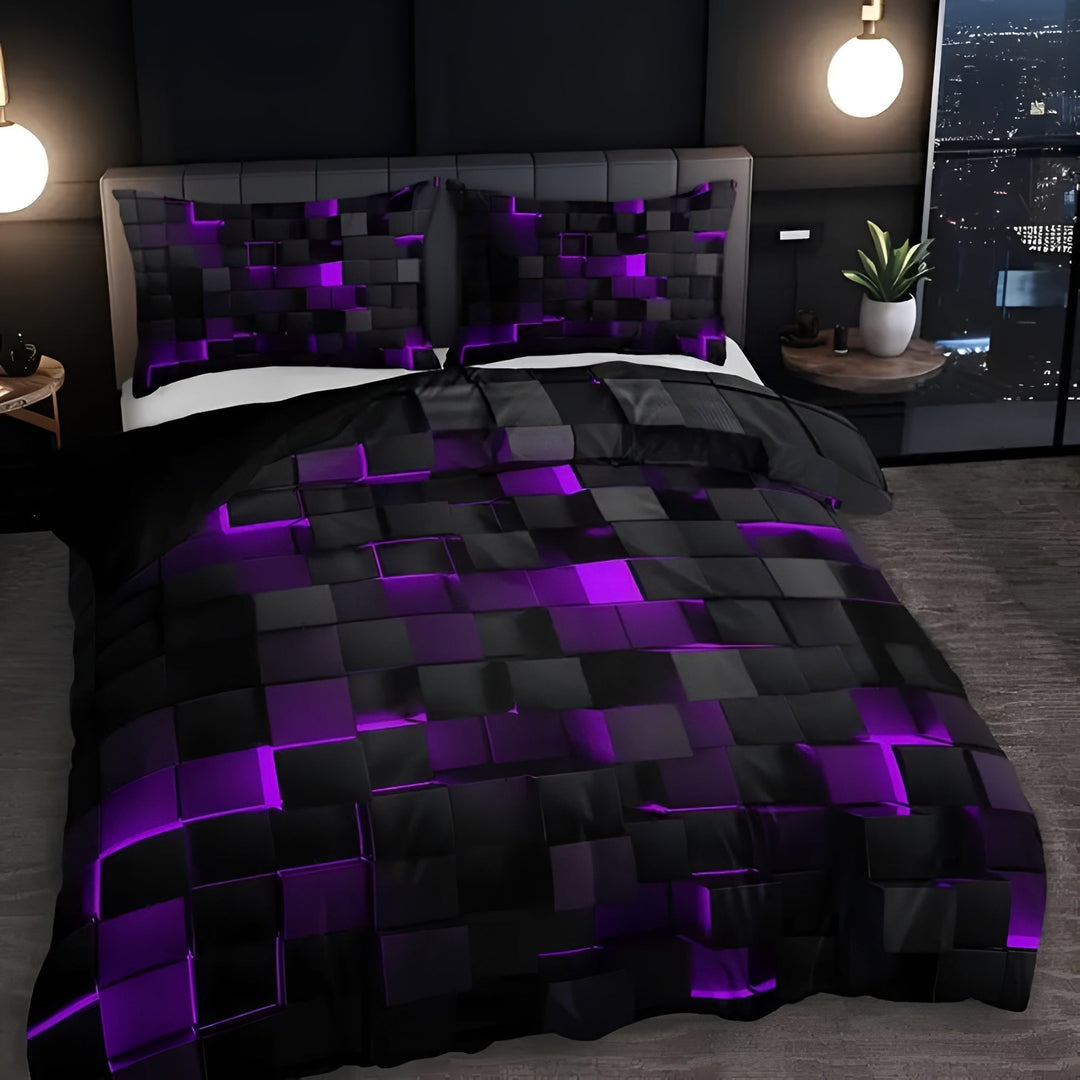 Contemporary bedroom setup featuring a purple 3D grid geometric duvet cover set